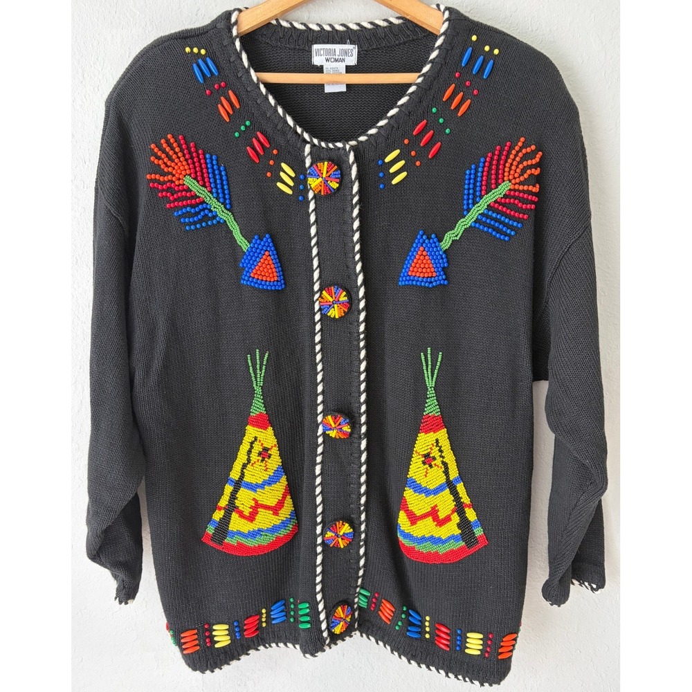 Vintage Victoria Jones Womens Beaded Southwestern Teepee Cardigan Sweater 2X
